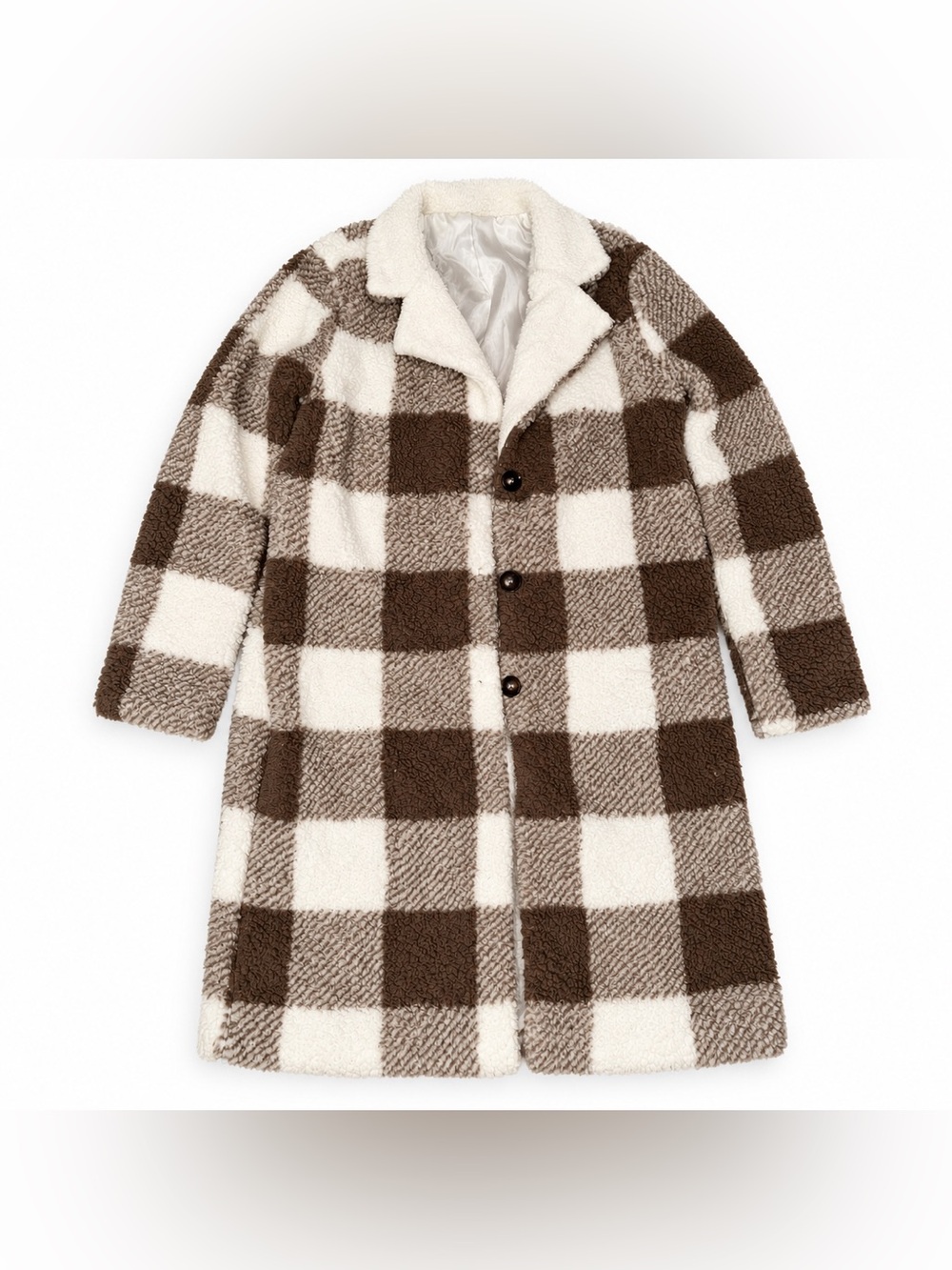 SHEIN Brown White Plaid Teddy Sherpa Long Coat Size M